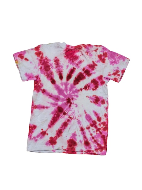 Photo colorful red and white tie dye t-shirt isolated on a white background. flat lay.