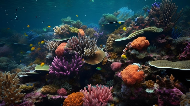 A colorful reef with a lot of colorful corals and fish.