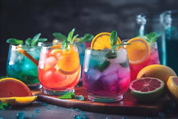 Colorful refreshing nonalcoholic summer cocktails with ice Summer refreshing drink concept Generated AI