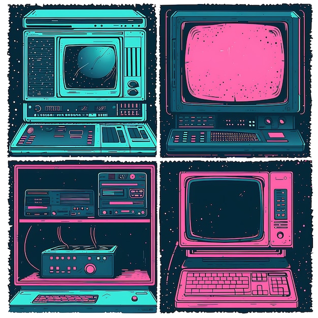 Photo colorful retro future computer store panel design with digitized retr illustration trending item