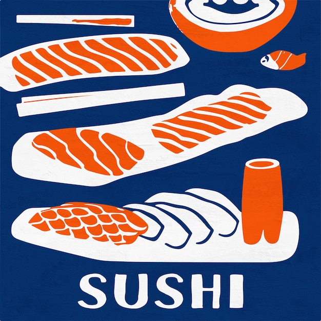 Красочная ретро-иллюстрация японской кухни Yummy Sushi Lover Sushi Illustrated Art