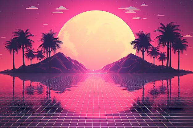 Colorful retro landscape in vaporwave style