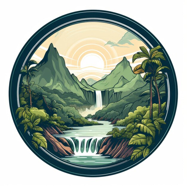 Photo colorful retro stylized wild style tropical rainforest scene on a vintage background, featuring circular shapes, mountainous vistas, and hyper-realistic water. this woodcut and linocut-inspired artwor