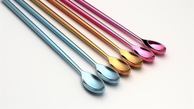 Colorful Reusable Stainless Metal Spoon Straws on Isolated Background