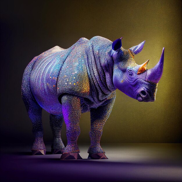 A colorful rhino statue with a yellow background and a black background.