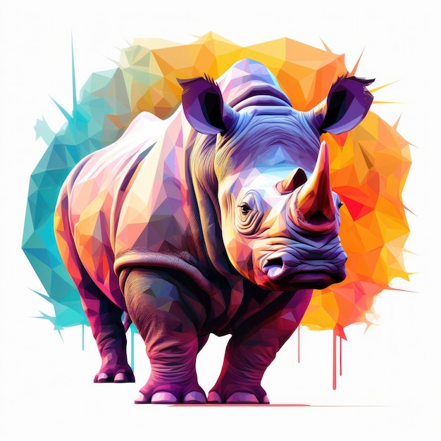 Красочный носорог изображен на сером фоне в стиле low poly Generative Ai