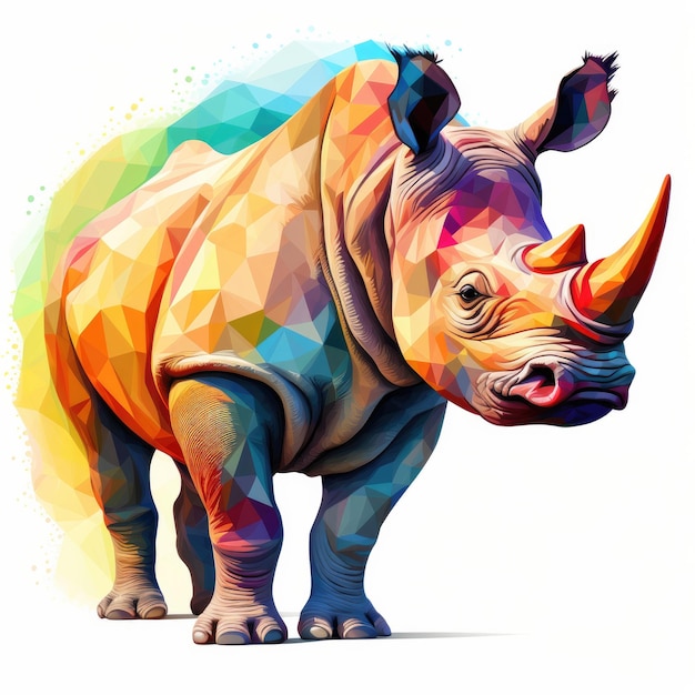 Colorful rhinoceros is depicted in a low poly style grey backorund Generative ai