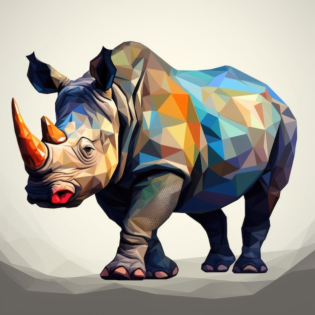 Colorful rhinoceros is depicted in a low poly style grey backorund Generative ai