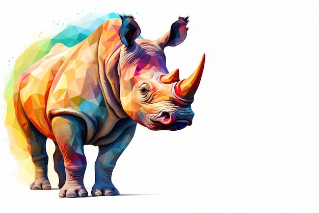 Colorful rhinoceros is depicted in a low poly style grey backorund Generative ai