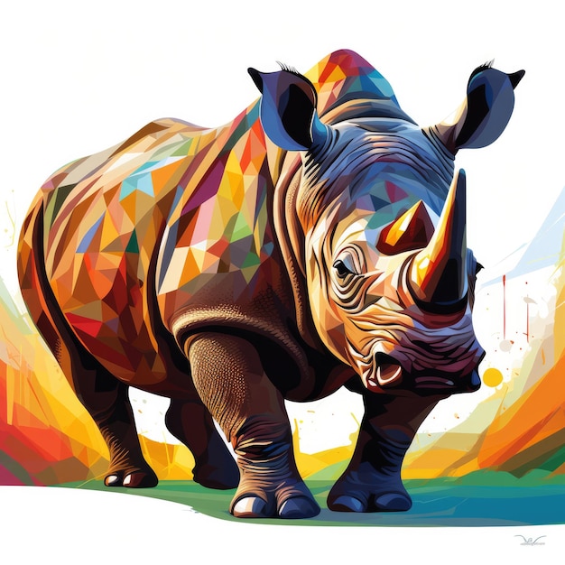 Colorful rhinoceros is depicted in a low poly style grey backorund Generative ai