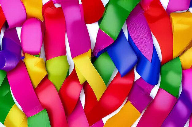 Colorful ribbons are in a pile and the word " happy birthday " is on the bottom right.