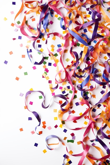 Photo colorful ribbons and confetti scattered over a white background