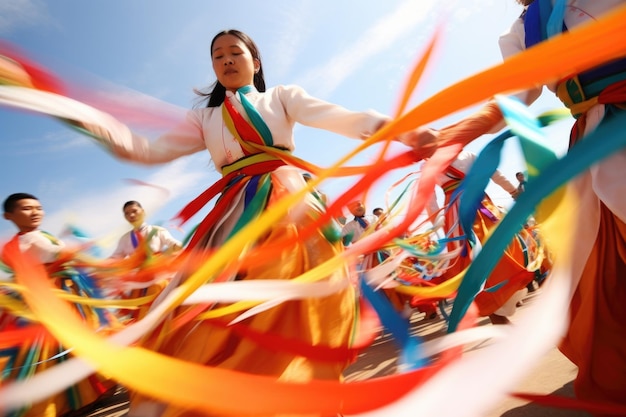 Colorful ribbons flying in the air with folk dance spin