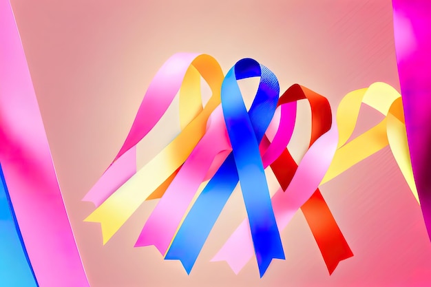 Colorful ribbons on pink background cancer awareness Generative Ai