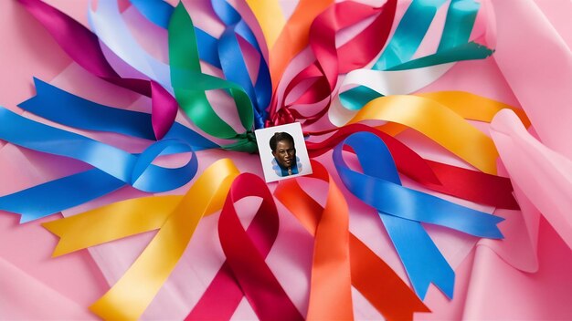 Colorful ribbons on pink background cancer awareness