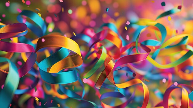 사진 생일 테마의 배경에 활기찬 색조로 회전하는 다채로운 리본 축제 요소