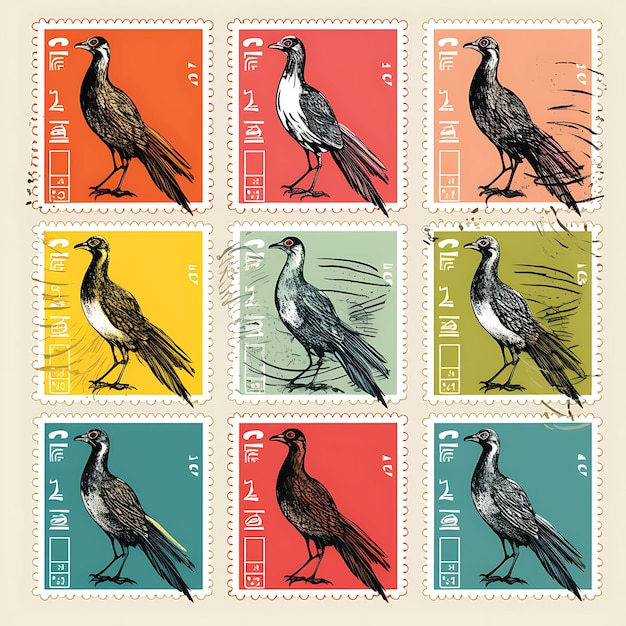 Красочная птица-бегунья в костюме марафонца в костюме животного. Идея коллекции почтовых марок