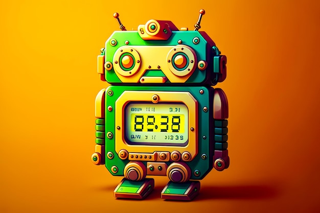 Colorful robot clock sitting on top of yellow table next to orange wall generative ai
