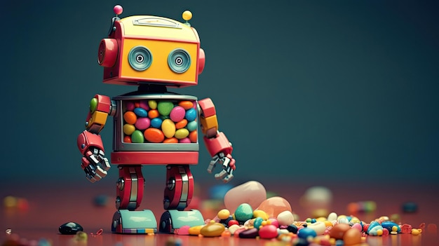 a colorful robot with a box of colorful balls on it