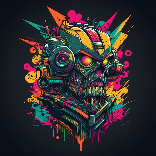 A colorful robot with a skull in the center.