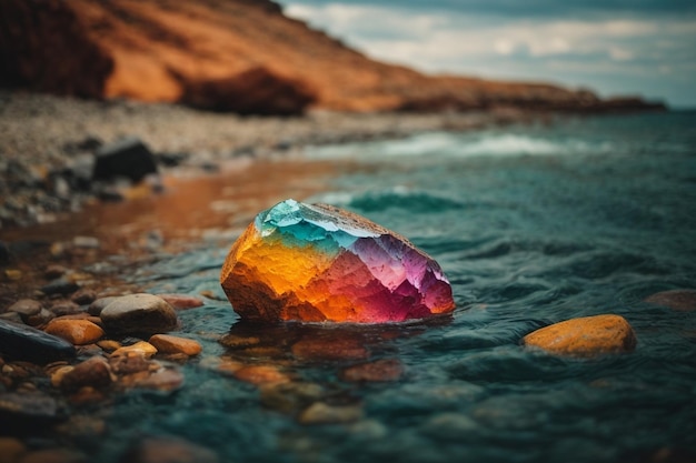 A colorful rock is in the water with colorful rocks ar c