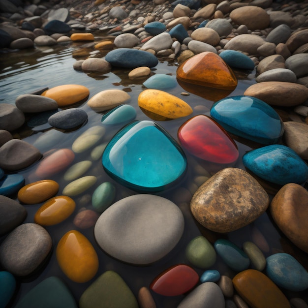 A colorful rock is in the water with colorful rocks.