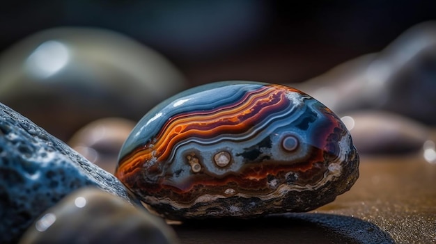 A colorful rock with a black and orange stripe.