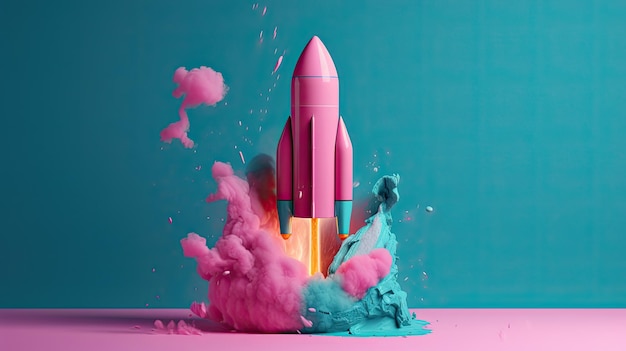 Colorful rocket launch to space with smoke of many colours Generative AI