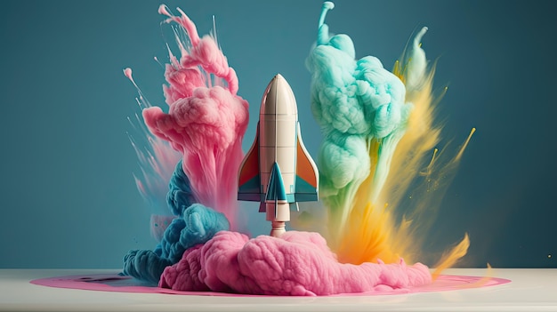 Фото Запуск красочной ракеты в космос с разноцветным дымом генеративный ии