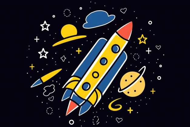 Colorful rocket in space with planets stars and hearts in a playful cartoon style on a dark background