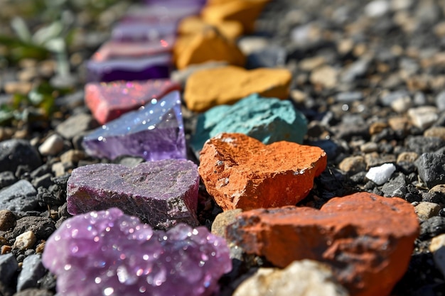 Разноцветные камни расположены в ряд с камнем в форме сердца.