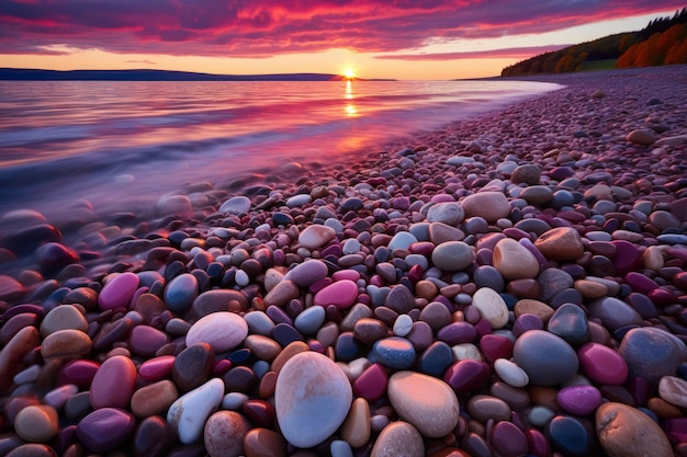 colorful rocks on the beach at sunset