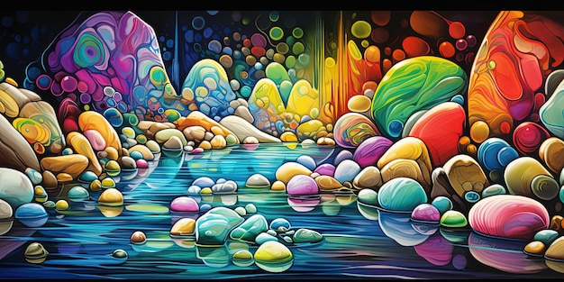 Colorful rocks and stones in the water with in the style of mark henson