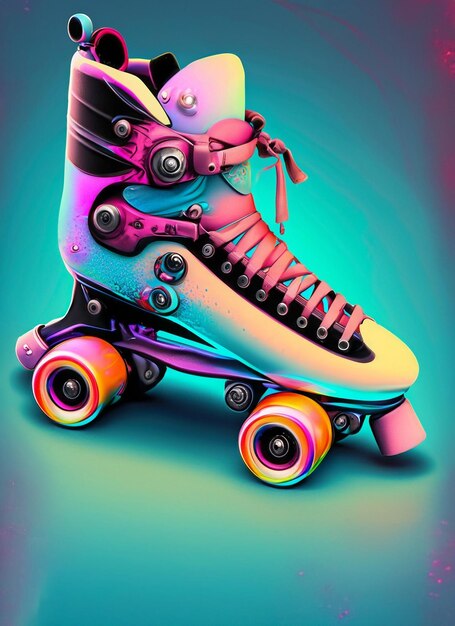 A colorful roller skate has the word rollerblade on it.