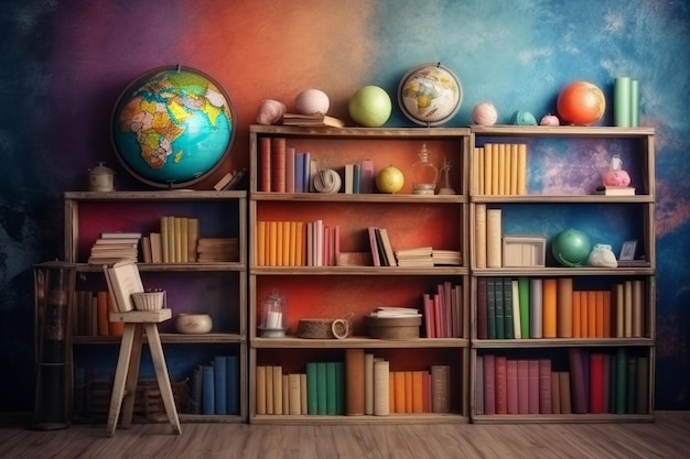 A colorful room with bookshelves and a globe on top of it.