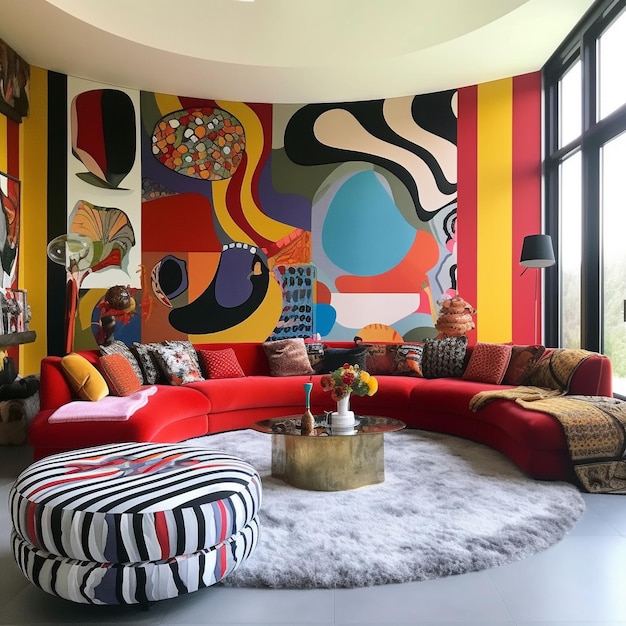 a colorful room with a colorful wall with a colorful painting on it