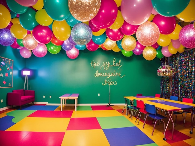 Photo a colorful room with many balloons on the wall and the words 