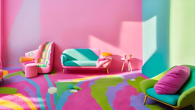 A colorful room with a pink wall and a couch with a blue and green couch