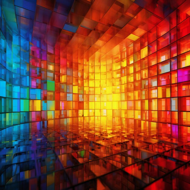 A colorful room with a rainbow colored cubes on the floor.