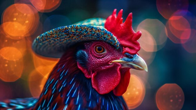 A colorful rooster with a blue and red hat
