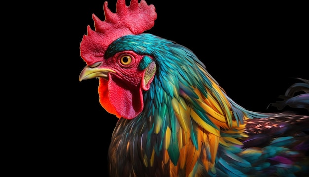 A colorful rooster with a bright yellow eye and a red beak.