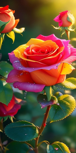 A colorful rose is in the sunlight.