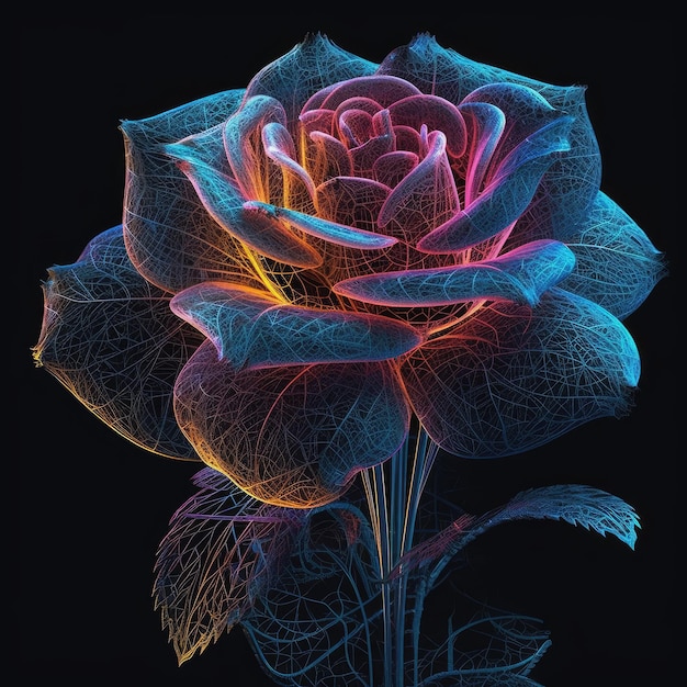 A colorful rose with a leaf that has been altered to look like a flower.