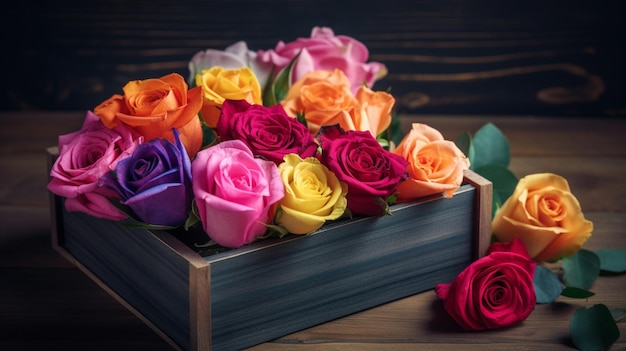 Colorful roses in a gift box