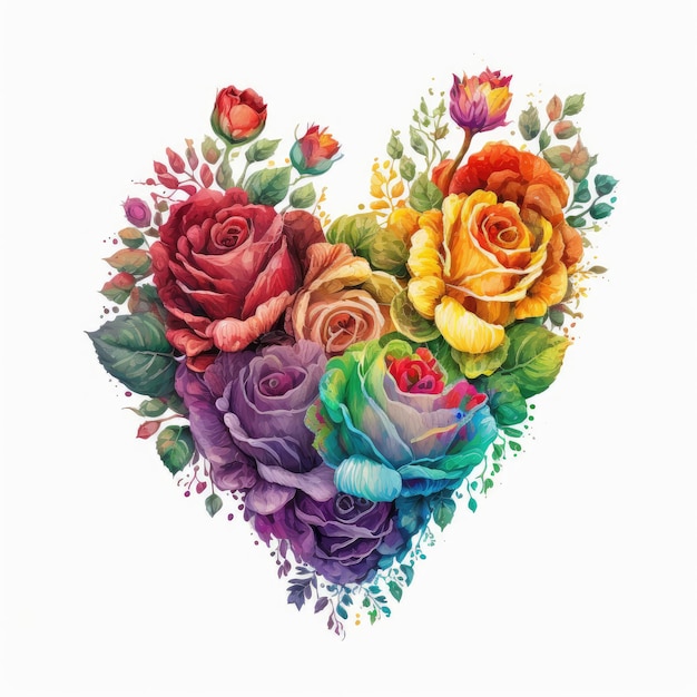 Colorful roses in heart shape with watercolor in multicolored design