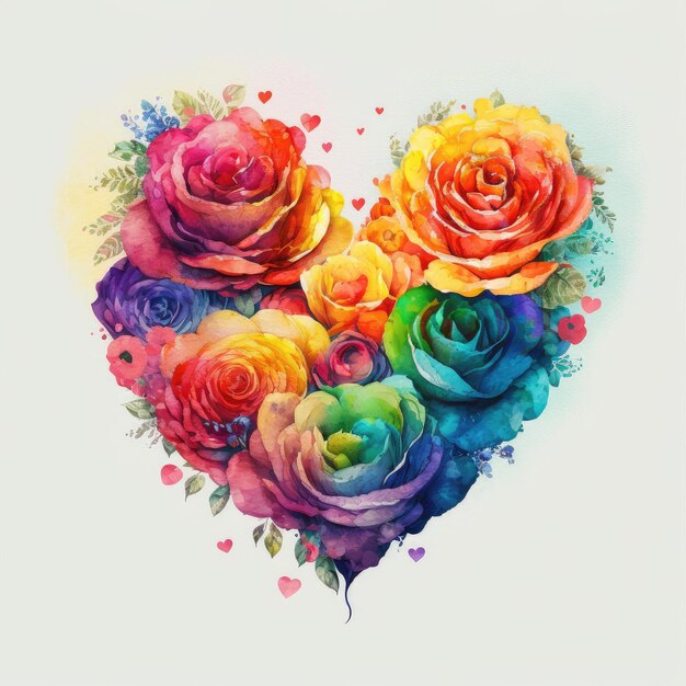 Photo colorful roses in heart shape with watercolor in multicolored design