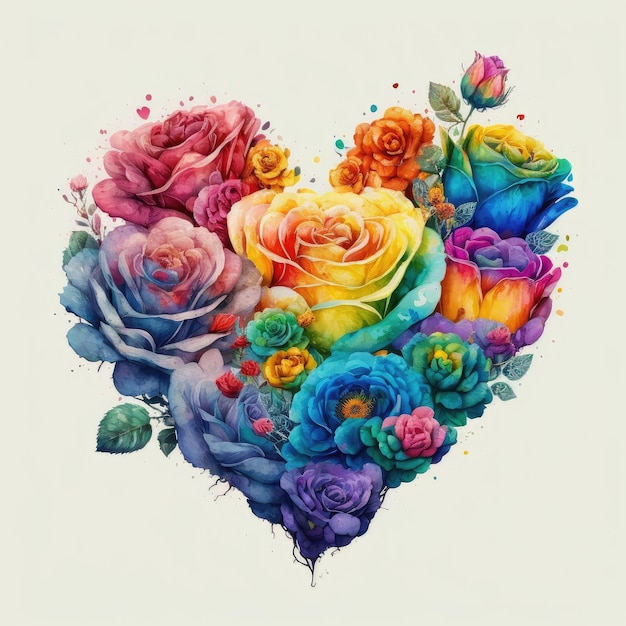 Colorful roses in heart shape with watercolor in multicolored design