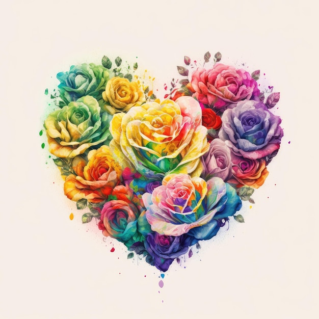 Colorful roses in heart shape with watercolor in multicolored design