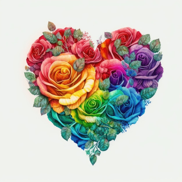 Colorful roses in heart shape with watercolor in multicolored design