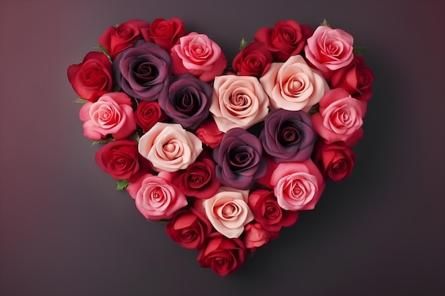 Красочные розы в форме сердца на темно-фиолетовом фоне с местом для текста Концепция любви